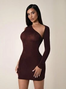 Zolique Women's Elegant Sexy Sparkling Silk-Like Asymmetrical Open Shoulder Dress Fall Cloth For Women - Chocolate Brown - View 4
