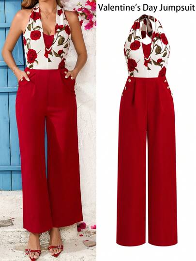 Ellevyn Women's Elegant Rose Print Red Wide Leg Jumpsuit, Suitable For Dates, Outings, Travel Outfit, Valentine's Day Vacation Outfits Woman  Wedding Guest Dress Women