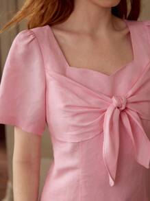 MOTF PREMIUM LINEN KNOT FRONT SHORT SLEEVE TOP - Pink - View 3