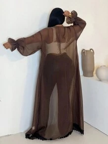 Maweii 大码女式纯色长袖网眼长款开襟大衣 - 棕色 - 查看 5