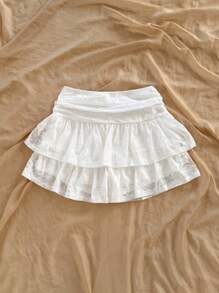 Soleia Vacation Lace Double Ruffle Hem Mini Skirt - White - View 2