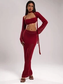 SHEIN BAE Women Burgundy Red Hollow Out Long Sleeve Cropped Vest And Halter Neck Knit Top 2 Pieces Set,Autumn Chic Club Night Vacation Beach Outfits - Red - View 3