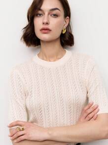 BizChic Women's Openwork White Hollow Round Neck Textured Knit Sweater Top, Spring/Summer - Apricot - View 3