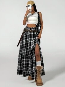 SHEIN Tween Girls Spring/Summer Plaid Print High Slit Ruffle Hem Skirt - Black - View 6