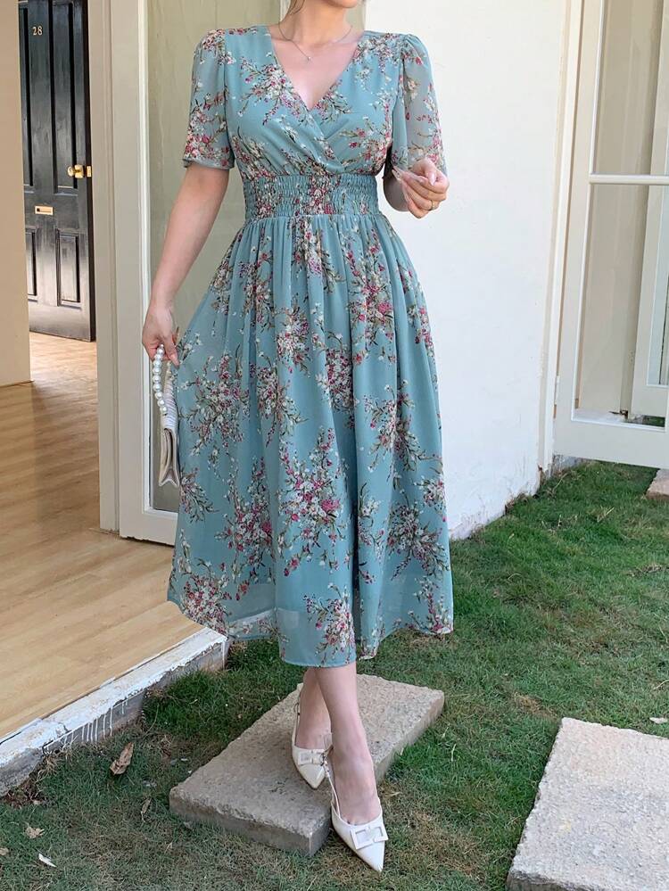 Shirred Floral Print Shirred Midi Dress For Women Sundress Vacation Outfits Women Easter Boho