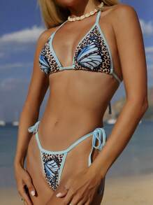 SHEIN Swim 2pcs/Set Women's Sexy Avant-Garde Asymmetrical Leopard Print + Butterfly Texture Print Tie Strap Bikini Set, Suitable For Music Festival, Beach Outing For Summer Beach Vacation