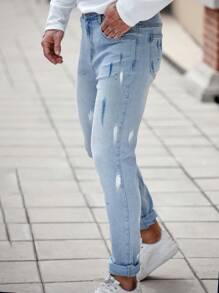 Manfinity Homme Jeans azules ajustados y desgastados para hombre, ropa casual minimalista de uso diario - Lavado ligero - Ver 4