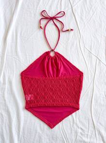 Soleia Textured Crochet Tie Front Halter Backless Top, Vacation Wear - Hot Pink - View 2