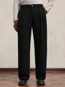 SHEIN X ELOISA & ORSON AKNOTIC Business Casual Pantalones casuales holgados de pana para hombre con decoración de letra metálica, cintura elástica y pierna recta