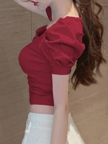 DAZY Áo cánh tay bồng cổ vuông ngắn màu trơn cho nữ mùa hè - Màu Đỏ Sâu - Xem 2