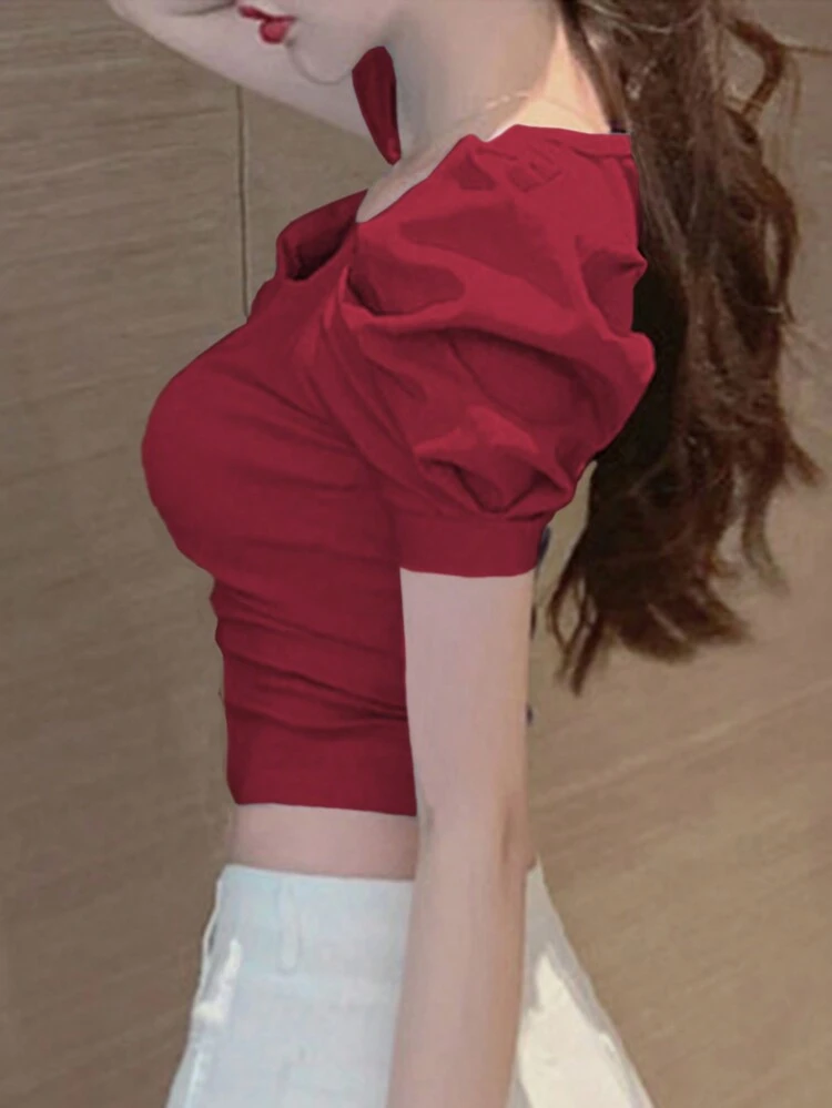 Women's Solid Color Puff Sleeve Cropped Square Neck Blouse Summer