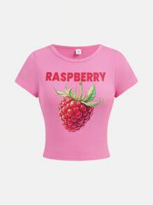 Girlism Teen Girl Casual Everyday Versatile Crew Neck Graphic Short Crop Top With Strawberry Text Pattern, Suitable For Casual Wear, Street Style, Spring/Summer Outfits, Back To School