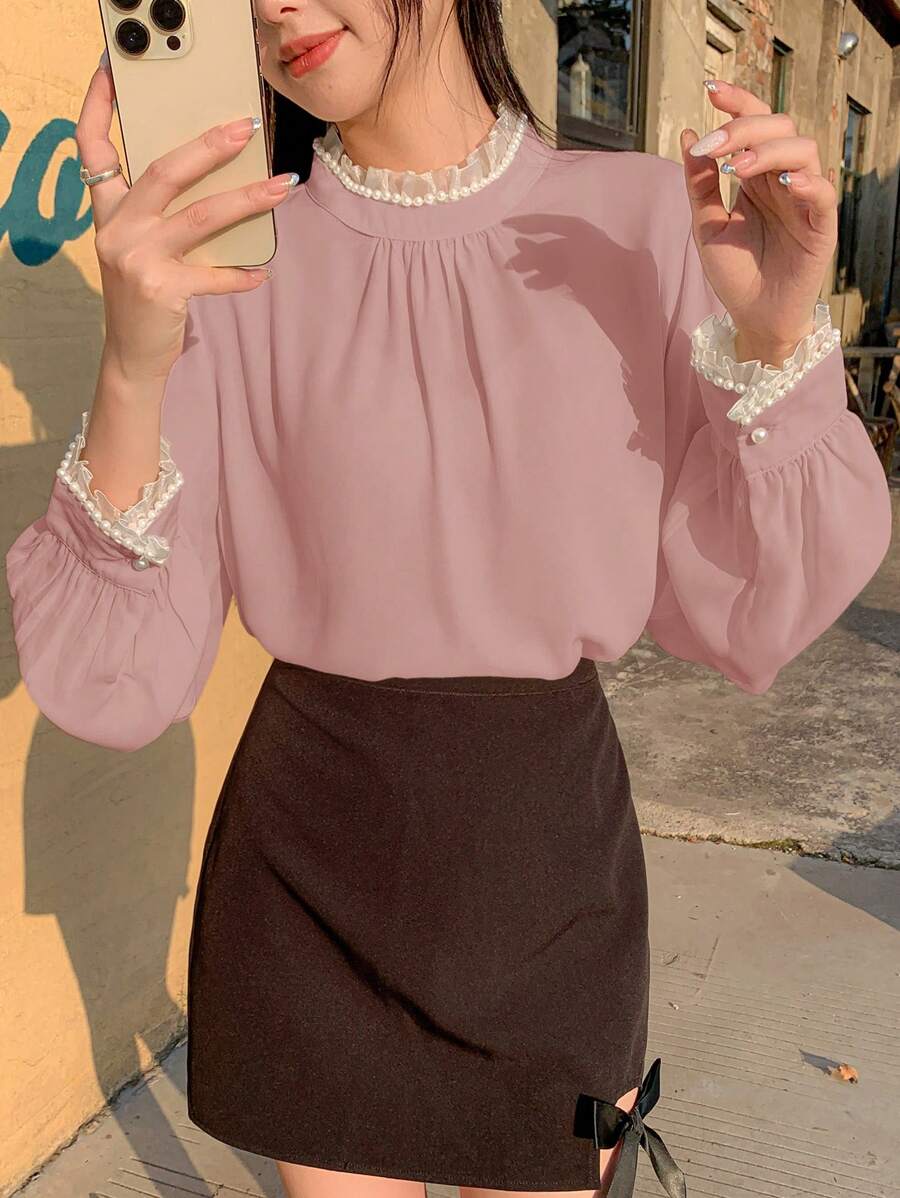 DAZY 女式仿珍珠装饰高领纯色休闲衬衫，秋季女装长袖上衣