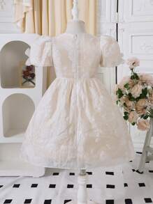 SHEIN Glamorique Kids Young Girl Spring & Summer Elegant Embroidered Mesh Texture Ruffle Sleeve Bow Princess Dress - Apricot - View 2