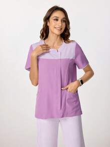 TaskEZ Contrast Color Round Neck Short Sleeve Scrub Uniform Top - Mauve Purple - View 4
