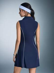 Vestido Esportivo Feminino com Fechamento de Zíper e Sem Mangas, Simples e Elegante para Uso Casual Diário - Azul Marinho - Visão 2