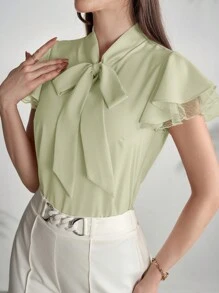Modelyn Women's Elegant Solid Color Tie-Neck Blouse