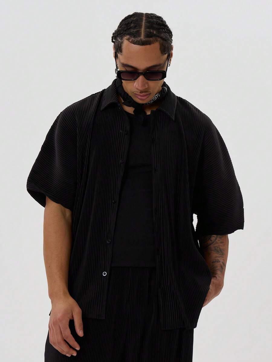 Musero Ribbed Short Sleeve Collared Button Through Oversized Shirt Spring Summer Essentials - Black - View 1