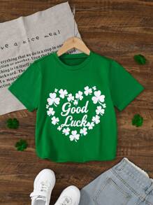 Camiseta de manga corta informal de verano para niñas con estampado de trébol y corazón, adecuada para picnics al aire libre, estar en casa descansando, Día de San Patricio