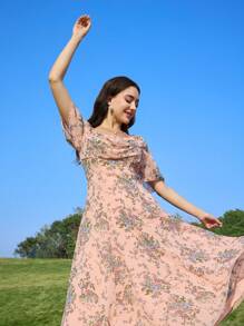 Modelyn Vestido de gasa con cuello drapeado, mangas cortas y cintura alta para mujer