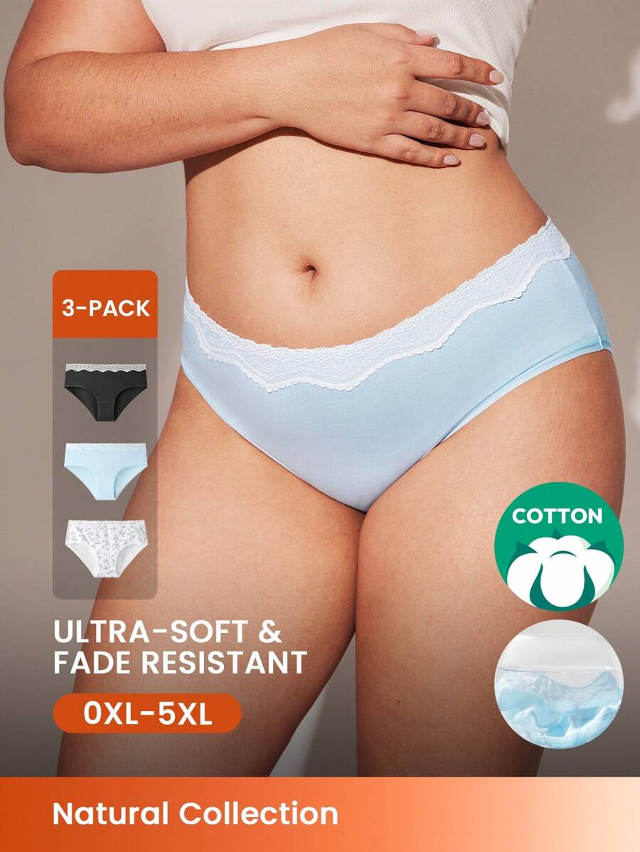 LUVLETTE Plus 3-Pack Airy Soft Cotton Basic Floral Print Lingerie Lace Trim Mid-Waist Women Underwear Briefs-Lingerie Lace