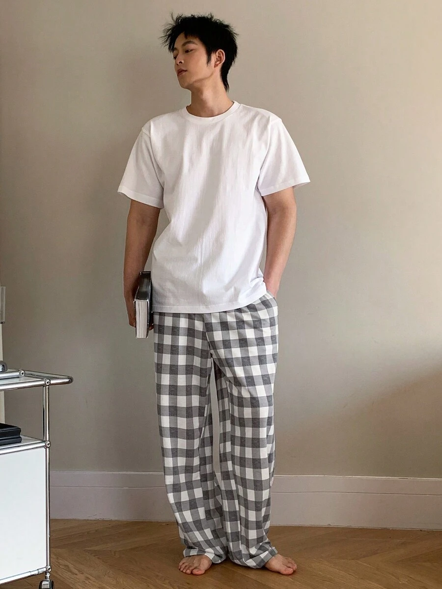 DAZY Męskie spodnie piżamowe w kratę na wiosnę i jesień