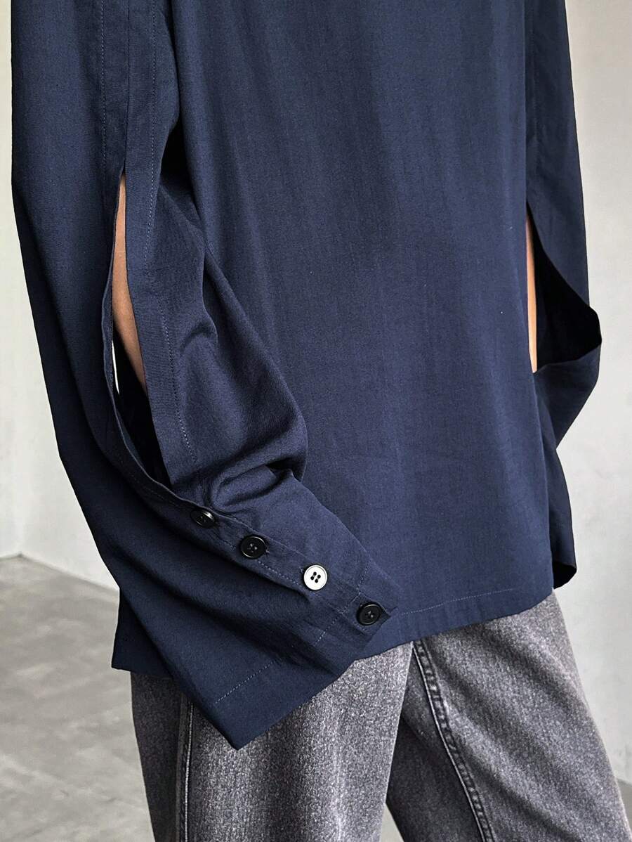 FRIFUL Áo cánh dài tay xẻ tà màu xanh navy dành cho nữ, mùa xuân - Màu xanh hải quân - Xem 1