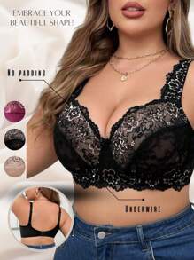 Plus Size Lace Push-Up Bra With Underwire, 1pc Lingerie - Black - View 6