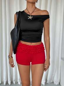 SHEIN Essnce Red Fashionable Low-Rise Frill Trim Skinny Shorts - Red - View 6