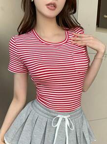 DAZY Women's Stripe Round Neck Short Sleeve Casual Versatile T-Shirt