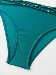 Women Shiny Fabric Bikini Swimwear Set, Elegant One Shoulder High Waist Braided & Beaded Embellished Casual Beach Holiday Swimwear For Summer Beach Vacation - Dark Green - View 7