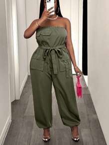 Slaydiva 2025 New Versatile Simple Casual Street Strapless Sleeveless With Belt Waisted Decorated Multiple Cargo Pockets Overall Shorts, Plus Size
