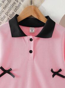 Collegiate Style Short Sleeve Polo Collared Top With Bow Decor & Pleated Mini Skirt, For Daily Wear Spring/Summer,Holiday,Summer,Travel - Pink - View 3