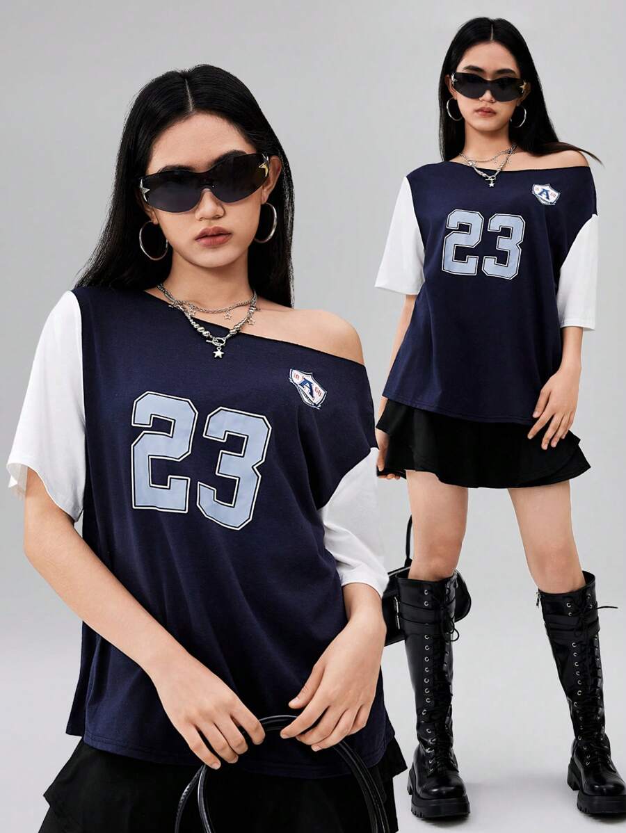 SHEIN تي شيرت أطفال صيفية بأكمام قصيرة،طباعة أرقام، كولاريه متناسق مع التباين اللوني - أزرق بحري - مشاهدة 1