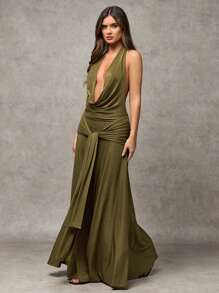 SHEIN BAE 绿色超长连衣裙秋季服装夏季服装度假摆领系带休闲感约会装照片搭配优雅女士优雅，女士海滩装/海滩，女士婚礼宾客礼服/新娘送礼会礼服白色，毕业礼服/毕业装，女士早午餐装，女士音乐会装/狂欢装节日/乡村音乐会装/伊比沙岛装/纳什维尔装，度假，度假，端庄，热带度假女装，辣妹，夏季/夏季服装/夏季服装，女士春季服装，约会夜礼服，伴娘迷你连衣裙，优雅小黑裙，春夏