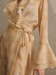 Anewsta 女士荷叶边领喇叭袖长款罩衫和服风格沙滩装 - 黃色 - 查看 2