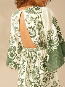 CAJUNI Women's Bohemian Tropical Floral Print, V-Neck Batwing Sleeve Backless Casual Dress, Vacation Style, Beige