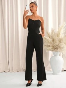 SHEIN Clasi Women's Elegant Black Knitted Strapless Front Button Jumpsuit - Black - View 5