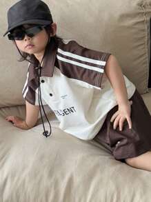 DAZY 2 Stücke/Set Kleine Jungen Outfit mit Kontrast-Farb-Raglanärmel-Polohemd mit Buchstabendruck und Shorts