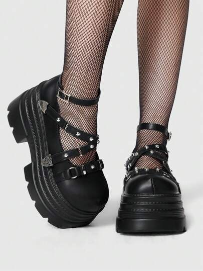 Goth Women's Plain Simple Thick Block Heel & Platform Slip-On Casual Shoes