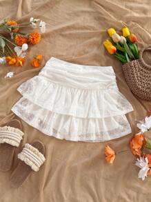 Soleia Vacation Lace Double Ruffle Hem Mini Skirt - White - View 3