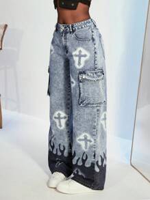 Slaydiva Damen Lässig Cargo Jeans mit gewaschenem Kontrast Kreuz- und Flammen-Muster - Blau - Übersicht 4
