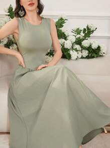 Modelyn 休闲简约百褶无袖连衣裙 - 綠色 - 查看 6