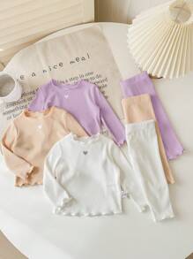 SHEIN 6 件套新生女婴可爱针织纯色长袖上衣和松紧腰长裤套装 - 彩色 - 查看 7