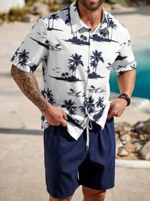 ResortEase 2pcs/Set Men Casual Short Sleeve Shirt & Shorts Set, Simple & Fashion, Everyday Wear