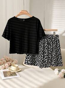 CosyJoli Bộ đồ nữ thường ngày in họa tiết hoa, áo thun ngắn tay màu đen và quần short hoa đen trắng, thích hợp cho mùa xuân/hè. - màu đen - Xem 6