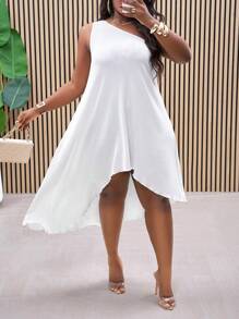 Slaydiva Plus Size Casual Minimalist Solid Color Asymmetric Dress,Graduation Dress - White - View 1