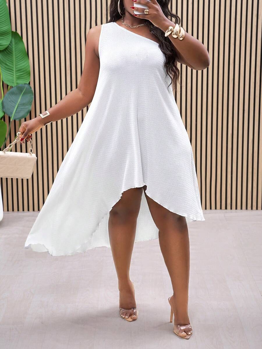 Slaydiva Plus Size Casual Minimalist Solid Color Asymmetric Dress,Graduation Dress - White - View 1