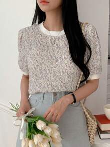 DAZY 女款碎花荷叶边纹理圆领泡泡袖 T 恤，春夏