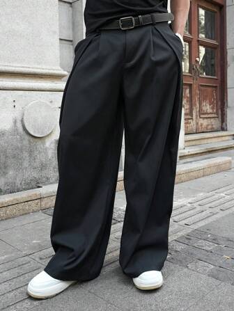 Manfinity Roghcode 男士小众设计多片拼接假两件式宽松日系深色超大阔腿裤男友礼物纯色长款超大纯黑色裤子送给老公